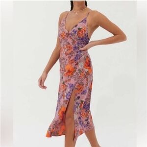 Urban Outfitters Pink Floral Sleeveless Large Slip Midi Dress Satin High Slit